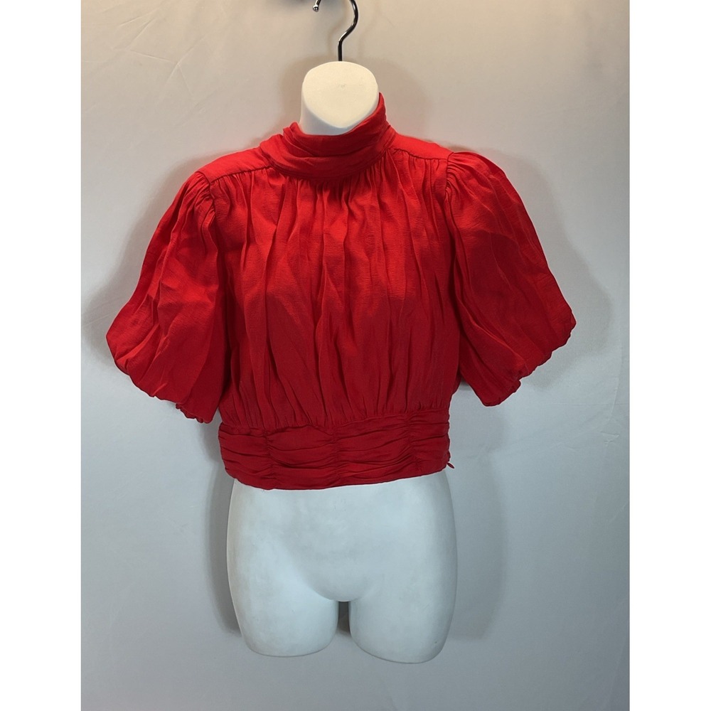 Entro Womens Puff Sleeve high nek  pleated blouse Top Sz M RED festive holiday‎